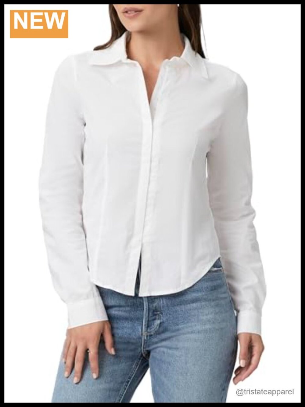 Paige Rosaly Classic White Cotton Long Sleeve Notch Collar Button Down Blouse
